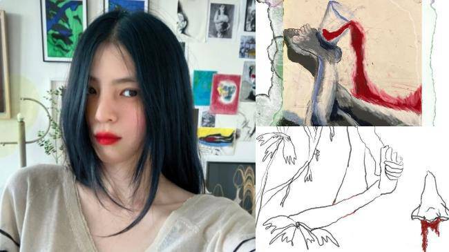 韓韶禧近日通過IG公開幾張畫作：包含眼睛周圍涂著紅色、兩人交織在一起